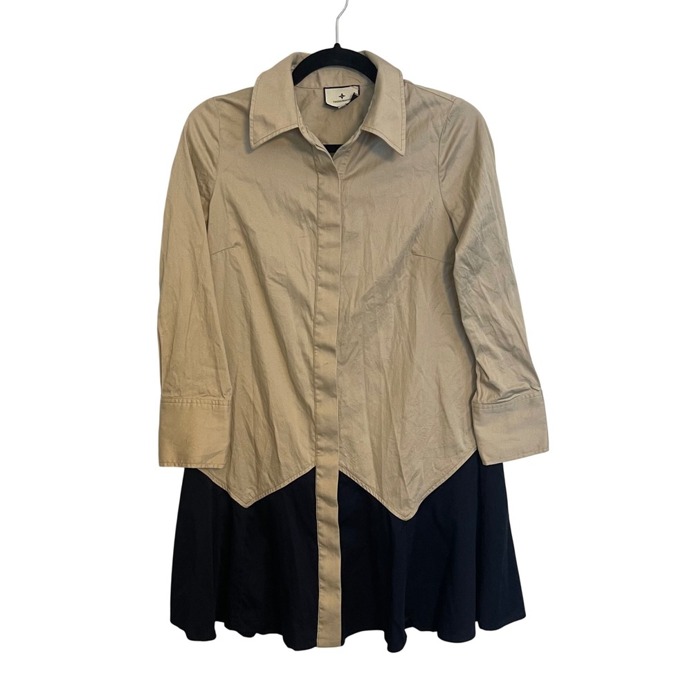 Tuckernuck Tan Navy Blue Colorblock Pleated Shirt Dress XS Long Sleeve Collared